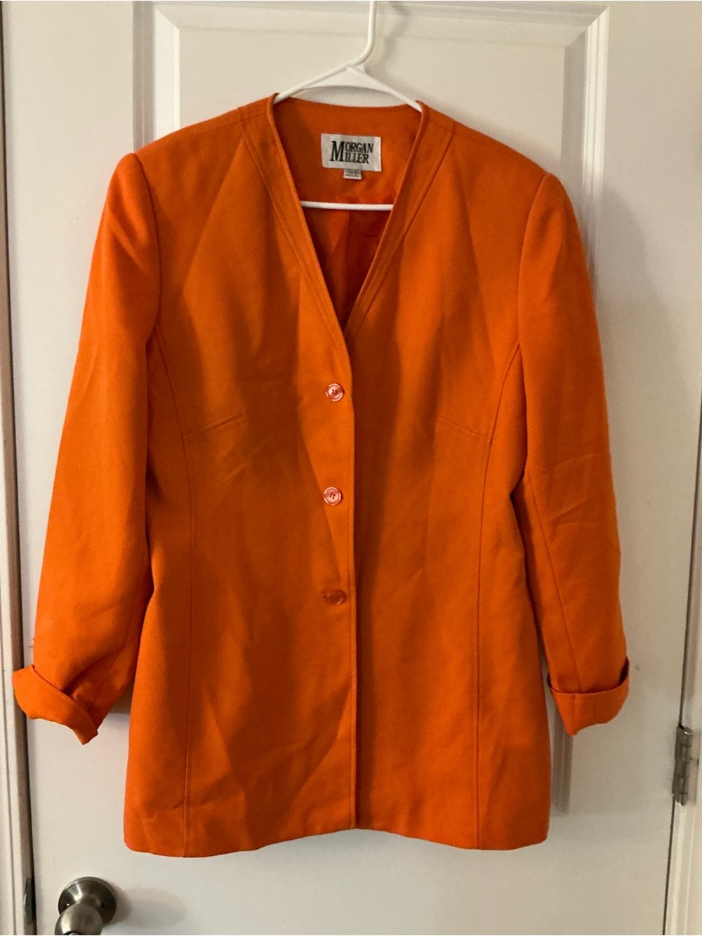 Vintage 90s Morgan Miller Orange Collarless Blazer Jacket Structured Minimalist